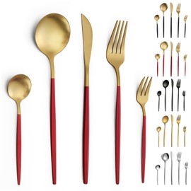 Pleafind Besteck Set, 30 teilig Besteck Set 6 Personen, Besteckset aus Edelstahl, Besteck Gold und Rot Matt, Bestecksets, Essbesteck, Besteck mit Messer, Gabel, Löffel, Spülmaschinenfest