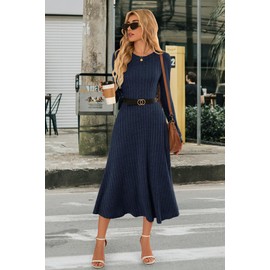 MOLERANI Womens 2025 Fall Ribbed Knit Long Sleeve Dress Midi Crewneck Casual Elegant Dresses with Pockets Club Outgoing,Navy Blue,M