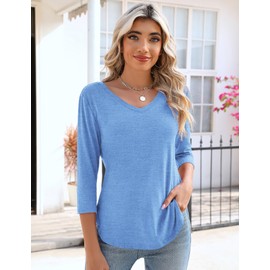 KTILG Women's T-shirts Three Quarter Length Sleeve Tops for Women V Neck Cotton Blue Shirts Casual Summer Outfits XL