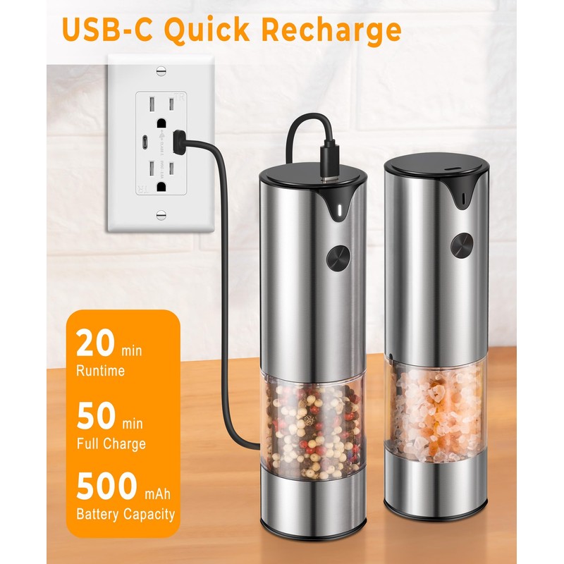 Rechargeable Electric Salt and Pepper Grinder Set - Extra Large
