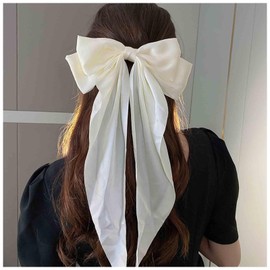Iaceble Vintage Bow Hairclip Barrette Large Ribbon Bow Hair Clips Silk Satin Hair Barrette Clips Long White Bow Hair Clip Barrettes French Satin Hairclip Decorative Hair Accessories for Women