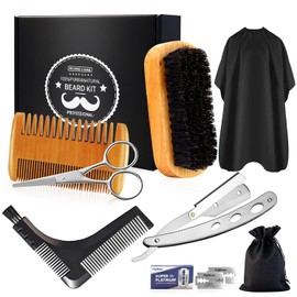 DUAIU 8 Piezas Cepillo De Barba Y Peine Para Hombres, Cepillo De Cerdas De Jabalí Y Peine De Acción Doble - Shaper De Barba, Afeitadora Recta Con 10 Cuchillas, Capa, Tijeras Herramientas De Corte De Estilo