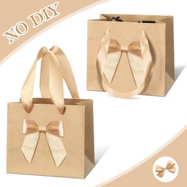 Honoson 50 Pcs Small Gift Bags with Handle 4 x 2.75 x 4.5 No DIY Mini Paper Bags Bulk with Bow Ribbon for Wedding Birthday Party Favor Baby Shower Guests (Champagne)