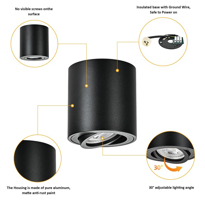 Gleonlux LED Ceiling Spotlight, Surface-Mounted Spotlight, Black, Dimmable, Swivelling with