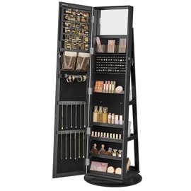 SONGMICS 360° Swivel Jewelry Cabinet, Lockable Jewelry Organizer with Full-Length Mirror, Rear Storage Shelves, Interior Mirror, Jewelry Armoire, Christmas Gifts, Black UJJC006B01