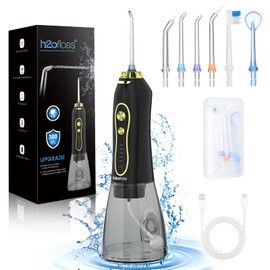 H2ofloss Water Dental Flosser Teeth Pick -Portable Oral Irrigator with 5 Modes, Rechargeable IPX7 Waterproof Orthodontic Teeth Cleaner Pick Cordless for Home Travel-300ml Water Tank Gold