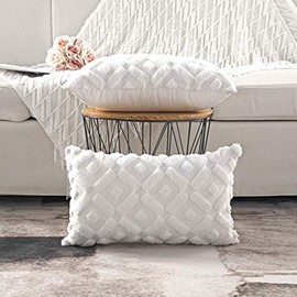 Madizz Pack of 2 Soft Plush Short Wool Velvet Decorative Throw Pillow Covers Luxury Style Cushion Case Pillow Shell for Sofa Bedroom White 12x20 inch Rectangular