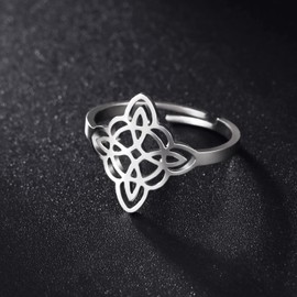 Dreamtimes Witch Knot Ring for Women Stainless Steel Open Bar Rings Adjustable Celtic Quaternary Witch Knot Ring Witchcraft Amulet Jewellery Gift, Stainless Steel, No Gemstone