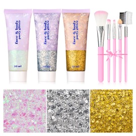 Pack of 3 Body Glitter Gel, Glitter Face Festival Glitter Face, Glitter Make-Up for Face, Body Glitter Gel Face, Glitter Gel, Face Glitter (White + Silver + Gold + 5 Brushes)