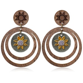 unixmoment Bohemian Handmade Vintage Copper Wood Leaf Flower Geometry Dangle Drop Earrings Sunflower Stud Earrings For Women (Round Sunflower)
