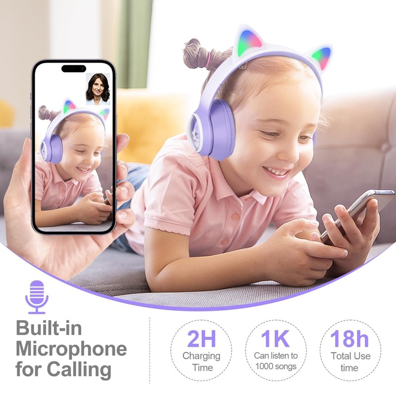 BLAZDEVE Bluetooth Cat Ear Headphones, Foldable Ear LED Light Child