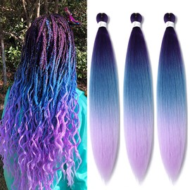 BALINGHAIR Pre Stretched Braiding Hair 28 Inch Braids Hair Purple to Blue Ombre Hot Water Setting (C26-3Packs)