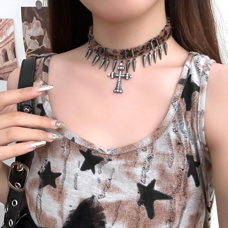 NAMEOF Leopard Y2K Grunge Gothic Choker Women's Studded Cross Necklace