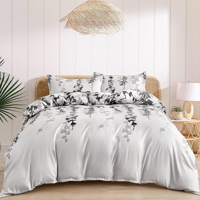 Double Duvet Set Botanical Grey Bedding Set Polyester Breathable Stylish