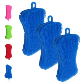 Silicone Dish Sponge - Dishwashing Kitchen Scrubber - Double Sided Sponge Brush - Multipurpose & Reusable Silicone Dish Sponges for Dishes, Fruits & Vegetables Cleaning - Blue (3 Pack)
