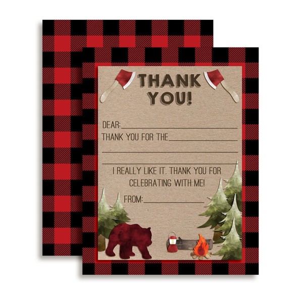 Rustic Lumberjack Thank You Notes for Kids, Ten 4" x 5.5" Fill In The Blank Cards with 10 White Envelopes by AmandaCreation