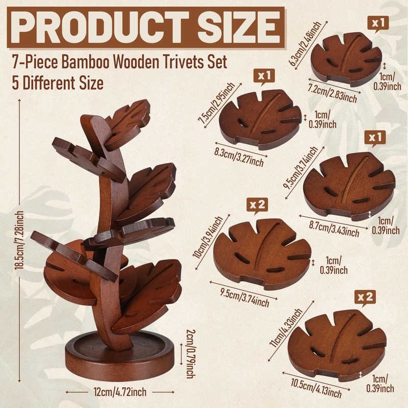 Zhehao 7 Pcs Bamboo Wooden Tree Trivets with Storage Stand,