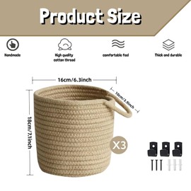 3PCS Hanging Cotton Rope Baskets, Equipped with 3pcs metal black hooks Small Woven Storage Basket, Jute Woven Storage Organizer Flower Plants Basket Set Rustic