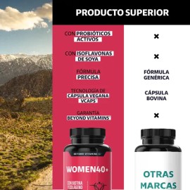 Beyond Vitamins | Women 40+ | Isoflavonas De Soya | Biotina, Inositol Y Colágeno Hidrolizado Polvo | Probióticos Mujer Activos | Cápsulas Vegetales - 
