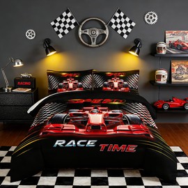 UEVBF Red Race Car Bedding Comforter Set Twin Size,Black White Checkered Racing Flag Comforter Set,Race Car Room Decor for Kids Boys,Cool Sports Themed Bedding Sets with 2 Pillowcases.
