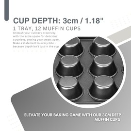 Navoys 12 Cup Muffin Tray - Non-Stick Baking Tray and Robust Carbon Steel Craftsmanship Great for Yorkshire Puddings, Mince Pies and Cupcakes (1pk, 12 Cup Muffin Tray)