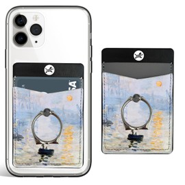 Berkin Arts Leather Card Holder with Ring Grip, Adhesive Stick on Wallet, Pocket for Smartphones Case, for Credit/ID Card, with Landscape Design, Slim Seascape (Impression Sunrise by Claude Monet)