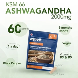 Zipvit Zipvit Ashwagandha KSM 66 2000 mg with Vitamin B6, B5 & Black Pepper, High Strength Ashwagandha Root Extract, 60 Vegan Capsules, 2 Months Supply