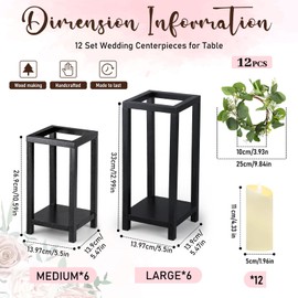 Geelin 12 Set Wooden Lanterns for Wedding Centerpieces Include 12 Wooden Lantern 12 LED Candle 12 Eucalyptus Leaves Wreath for Wedding Baby Shower Farmhouse Table Decor(10.59'', 13'',Black)