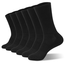 Leguper 6 Pack Mens Crew Socks - Combed Cotton Cushioned Athletic Work & Running Socks for Men, Anti-Blister Sport Socks(Black,L)