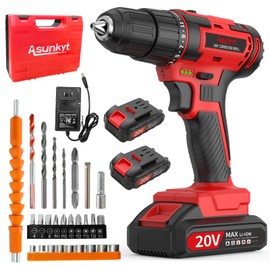 20V Power Drill Cordless, Cordless Drill with Battery and Charger with Torque 30N, Impact Function, 3/8-Inch Keyless Chuck for Screwdriving and Drilling (Battery×2)