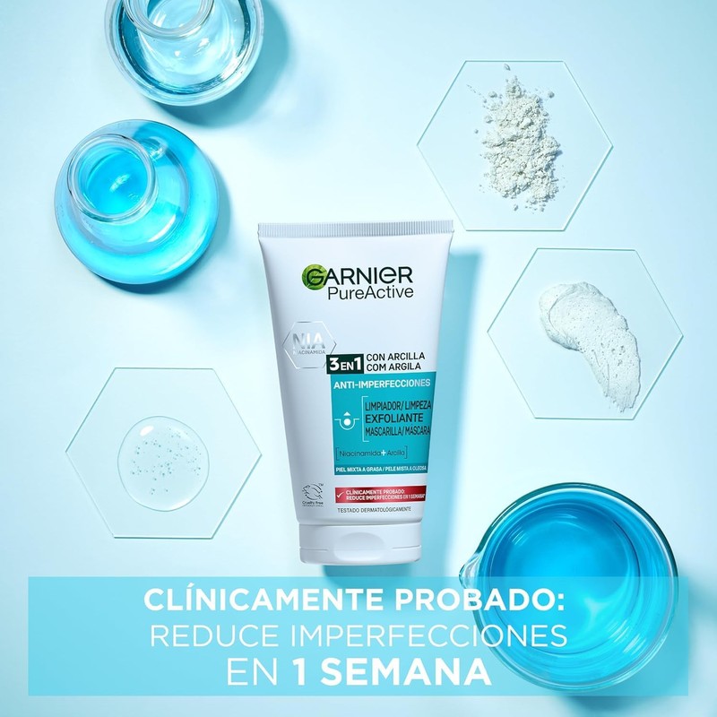 Garnier PureActive 3 en 1 Anti-Imperfecciones con Arcilla, 150ml
