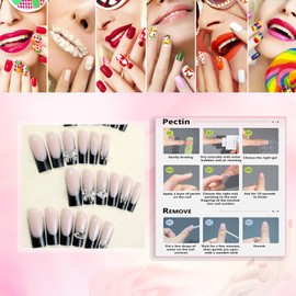 Rchovsam xl Black French Press on Nails Long Square False Nails Butterfly with Diamond Fake Nails with Design Water Pipe Nails for Women 24pcs