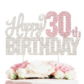 Nelbiirth Decoración para tartas con diamantes de imitación plateados y rosados de 30 años, diseño de «Cheers to 30 Years» de metal brillante para decoración de tartas.