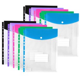 Yovell Plastic Wallets A4 10 Pack Punched Pockets A4 File Folders Plastic Document Filing Sleeves with Lable Pocket Crystal Clear (Multi-Colour)