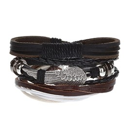 Stands Out, Supplying Outstanding Gifts Unisex Mens Womens Whirlybird Stacker Black Silver Angel Wing Leather Bracelet Wide Multi Row Layer Stack Wristband