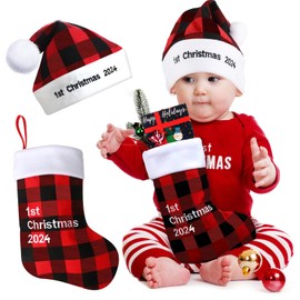 HooLing 2 Pcs 2024 Baby First Christmas Stocking Hat 1st Christmas Stocking My First Christmas Santa Hat for Infant Baby(Red Black,Classic)