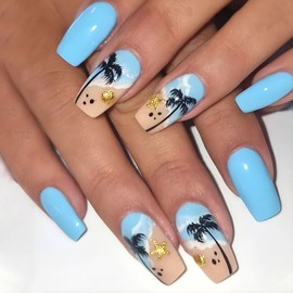 Coffin Press on Nails Medium Fake Nalis with Coconut Beach Polka Dots Designs Golden Starfish Shells Glue on Nails Press ons Blue False Nails Summer Stick on Nails for Women 24Pcs