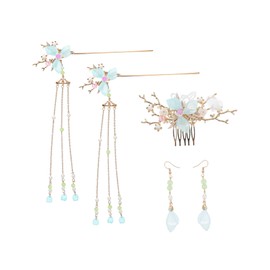 WOONEKY Chinese Hair Sticks Set 5pcs Bridal Hair Combs Flower Tassels Hairpin Double Sided Comb Earrings