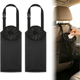 Car Trash Bag, Hanging Car Garbage Bag with Elastic Top Opening & Bottom Removable Opening, Washable Polyester Litter Bin for Car Seat Back, Travel, SUV, Truck, Black, Pack of 2