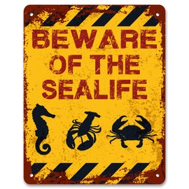 Print Crafted - Beware Of The Sealife | Vintage Metal Garden Yard Warning Sign | Fish Aquarium