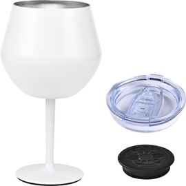 Siyaluens Stainless Steel Wine Tumbler with Detachable Stem, 14oz Insulated Wine Glasses with Lid & Anti-Slip Base, Multi-Functional Cup for Gift Party Outdoor Travel Home Use (White)
