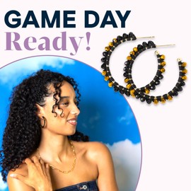 INK + ALLOY Game Day Crystal Threaded Bead Hoop Earrings – Handcrafted Statement Hoops for Sports Moms & Fans – Lightweight, Sparkling Style – Perfect for Gameday (Black + Gold)