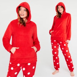 CityComfort Women's Long Pyjamas with Hood, Pyjamas Women's Set Made of Fluffy Fleece, Gifts for Women and Teenagers, red