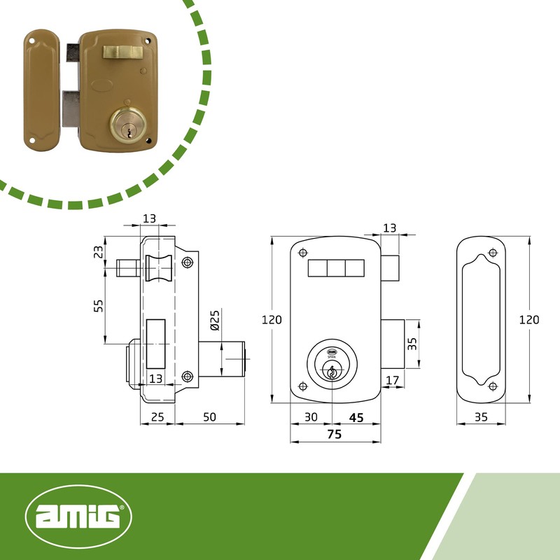 amig Model 75U Overlay Lock, Gold, 76 x 120 mm