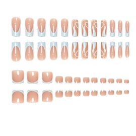 Press on Nails Medium Square & Press on Toenails Set, Blue French Tip Fake Nails Swirl False Nails Square Press on Toe Nails Glossy Stick on Nails Acrylic Nails Glue on Nails for Women Manicure 48Pcs