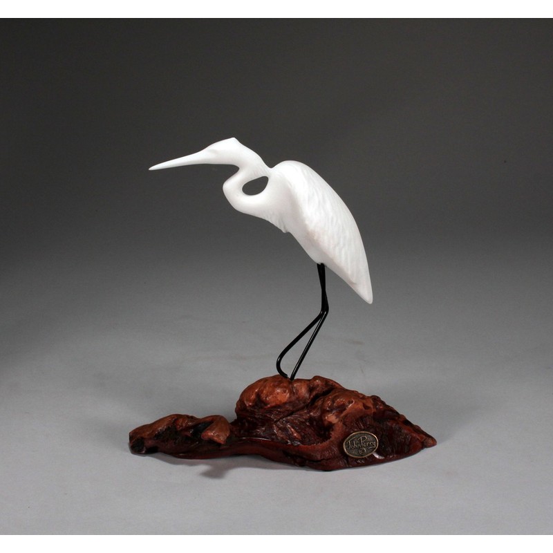 Egret Sculpture from John Perry on Burl Wood Pellucida 8in