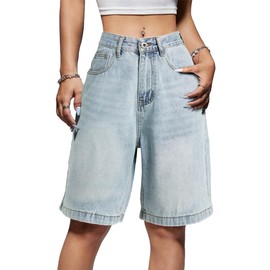 EMMIOL Women Mid-Low Waisted Jorts Trendy Denim Shorts Baggy Jeans Knee Length Cutoff Loose Fit Long Shorts