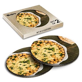 2 x Round Coasters - Tasty Hummus Food Pitta Bread Cafe Cork Backed MDF Glossy Tea Coffee Accessory #52232