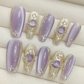 Handmade Press On Nails – Purple Cat Eye Handmade Acrylic Press On Nails with 3D Gold Design – Medium Length 10Pcs Elegant Coffin Nails for Women and Girls