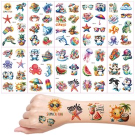 Summer Temporary Tattoos, 10 Sheets Watercolour Summer for Girls Boys Body Arm Shoulder, Kids Tattoos Party Bag, Birthday Party Small Gift